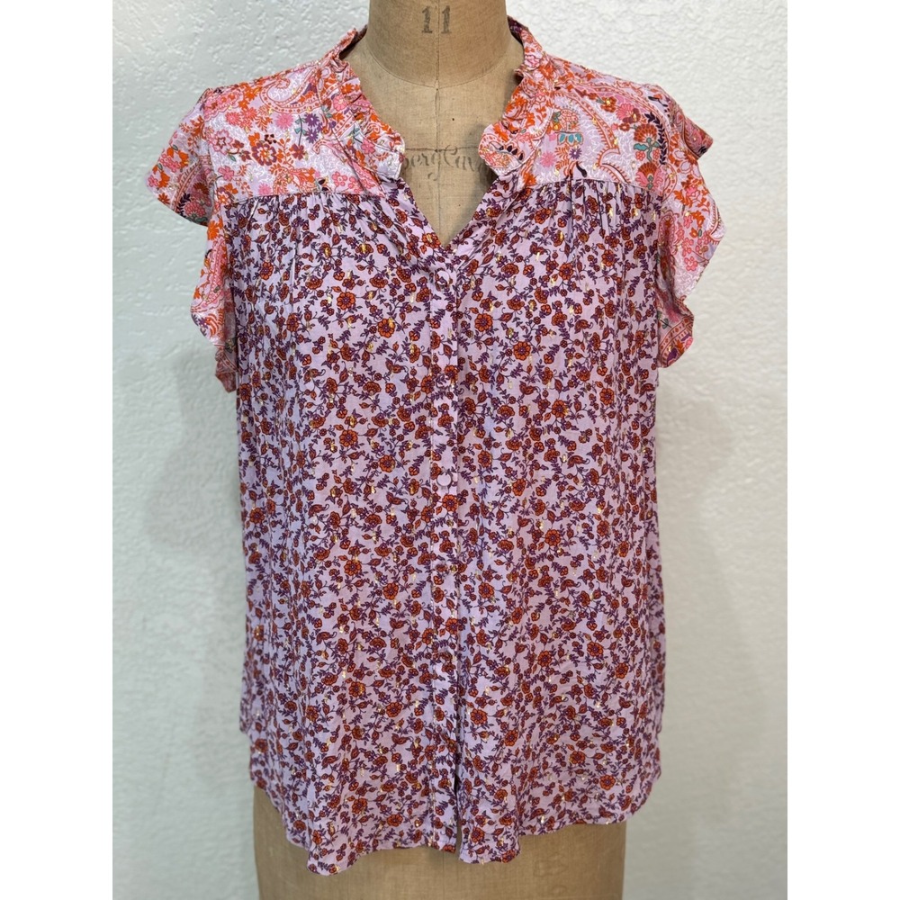 Lovestitch Womens Size‎ L Purple Butterfly Sleeve Floral Print V Neck Blouse Top